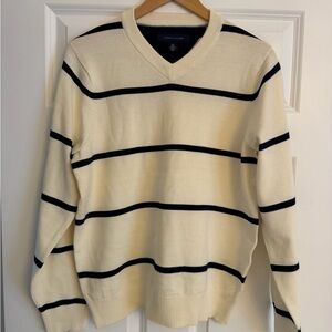 Tommy Hilfiger Men's V-Neck Sweater in Cream with Black Stripes